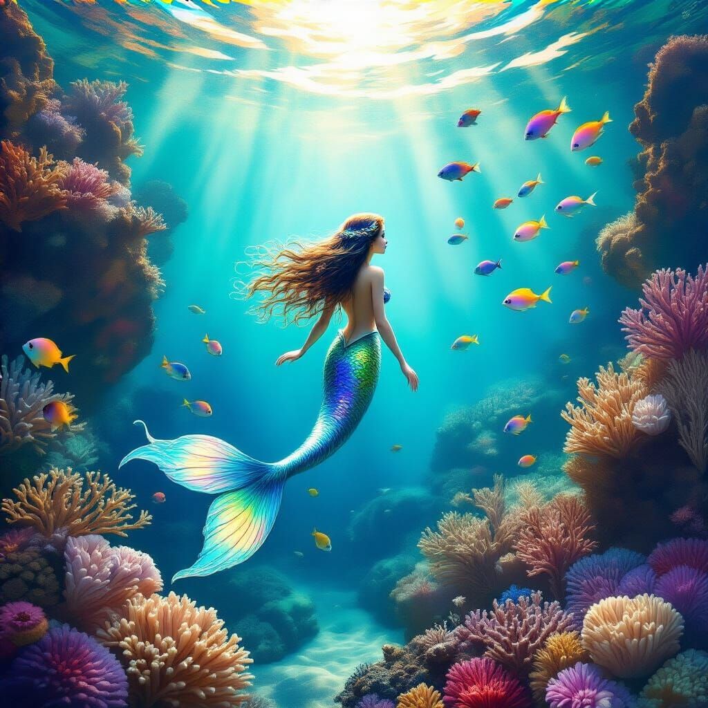 Ethereal Mermaid in Coral Reef, Art Nouveau Style