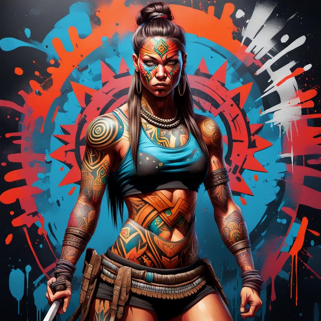 Muscular Tribal Warrior Preparing for Battle in Graffiti Art