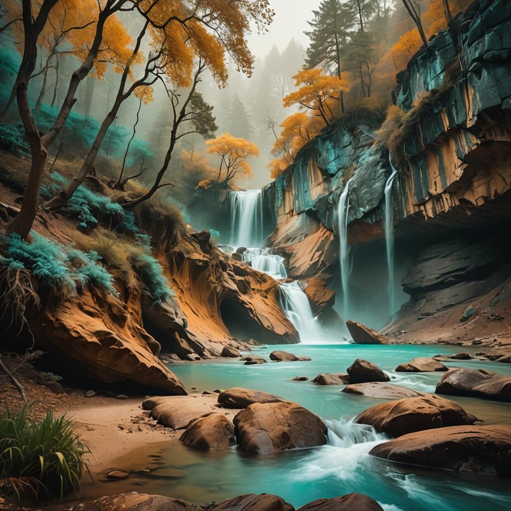 Ethereal Landscape with Turquoise Water and Amber Rocks