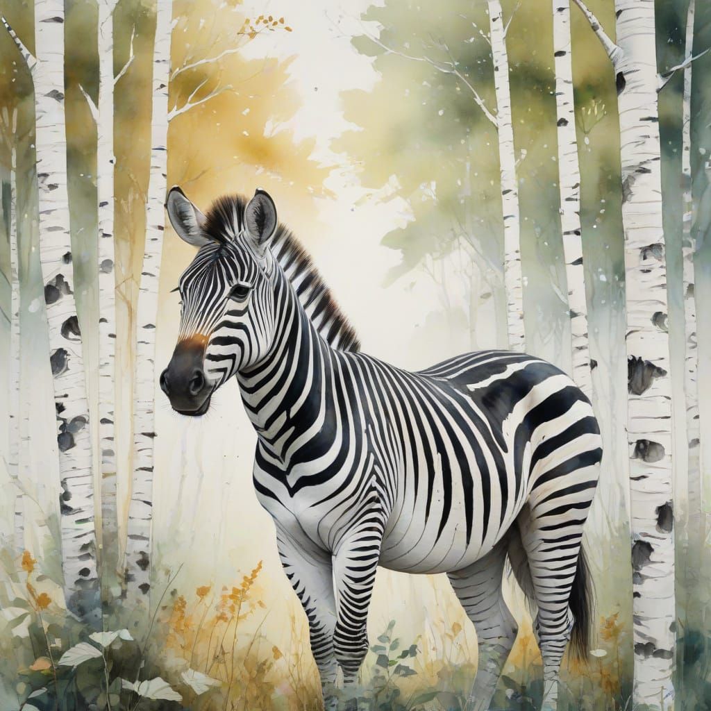 Ethereal Zebra Amidst Birch Trees in Dreamlike Harmony