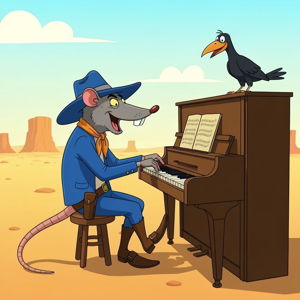 Rat Plays Piano in Desert, 1960s Cartoon Style