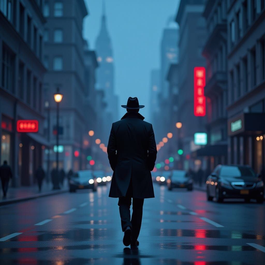 Suited Man Walking in Dimly Lit Dystopian City