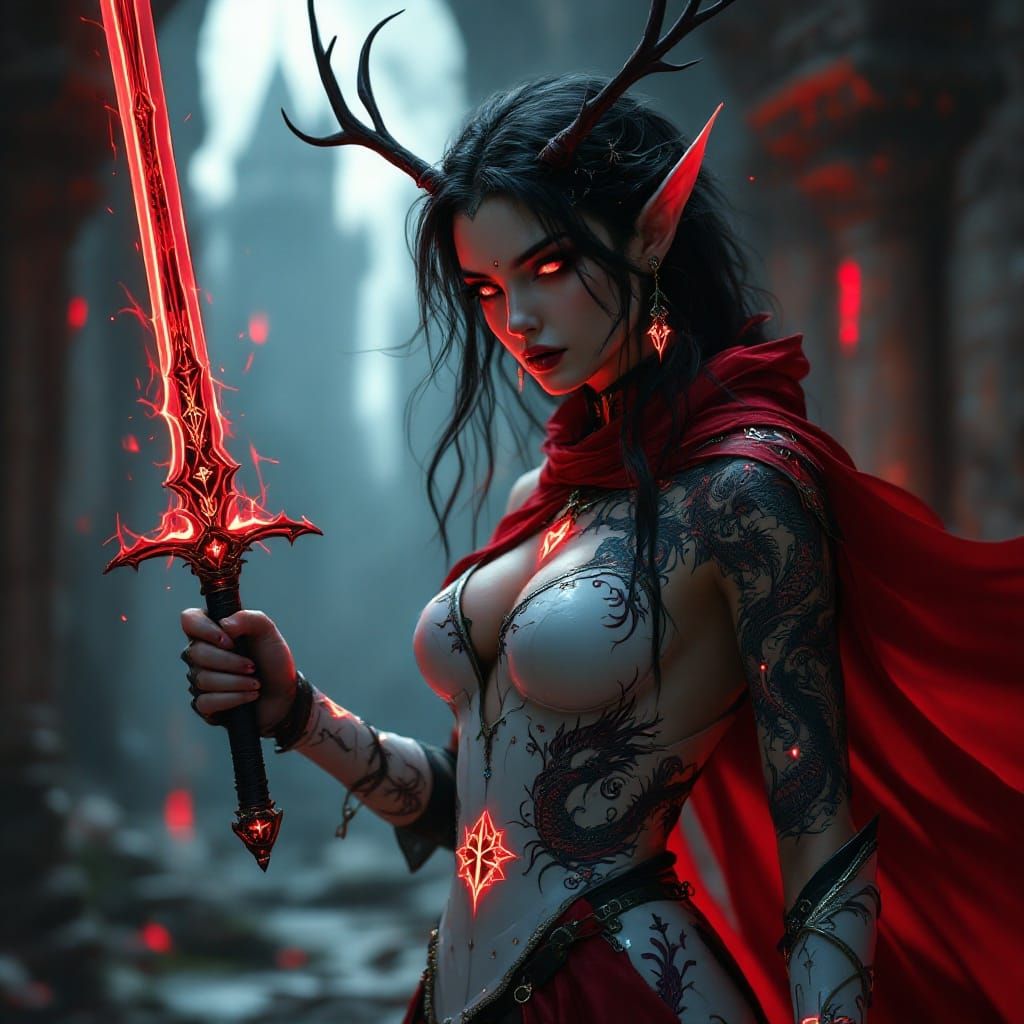 Majestic Goth Elf Warrior in White Platemail Armor, with Rav...