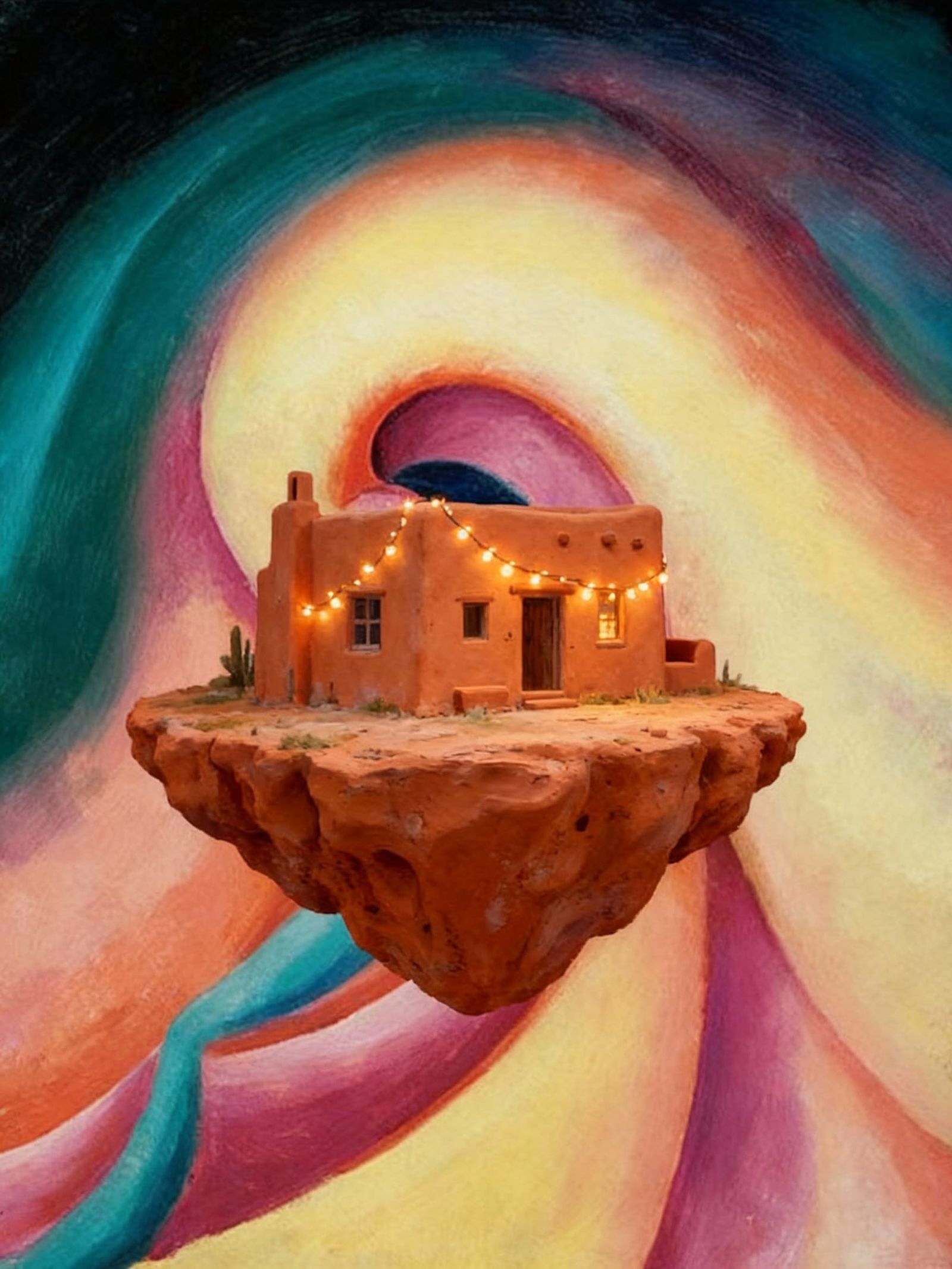 Surreal Adobe House on Floating Island in O'Keeffe Style