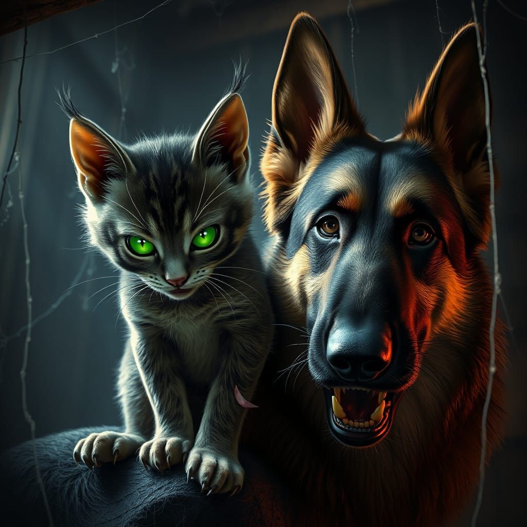 Menacing Kitten and Fierce German Shepherd in Attic