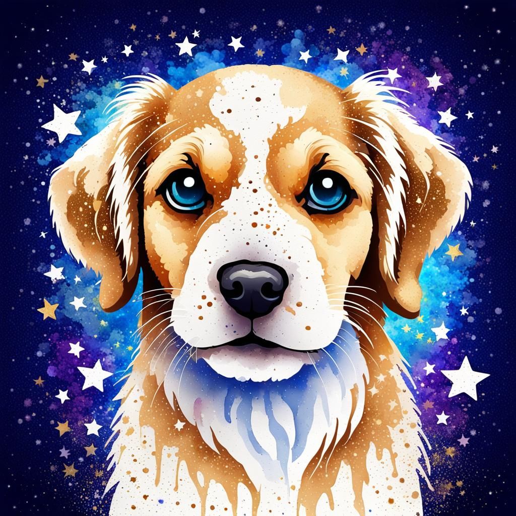 Glittering Watercolor Dog with Ink Splatters