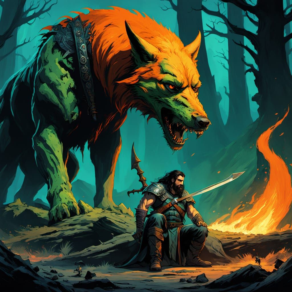 Epic Fantasy Scene: Exhausted Warrior and Chaotic Creature B...