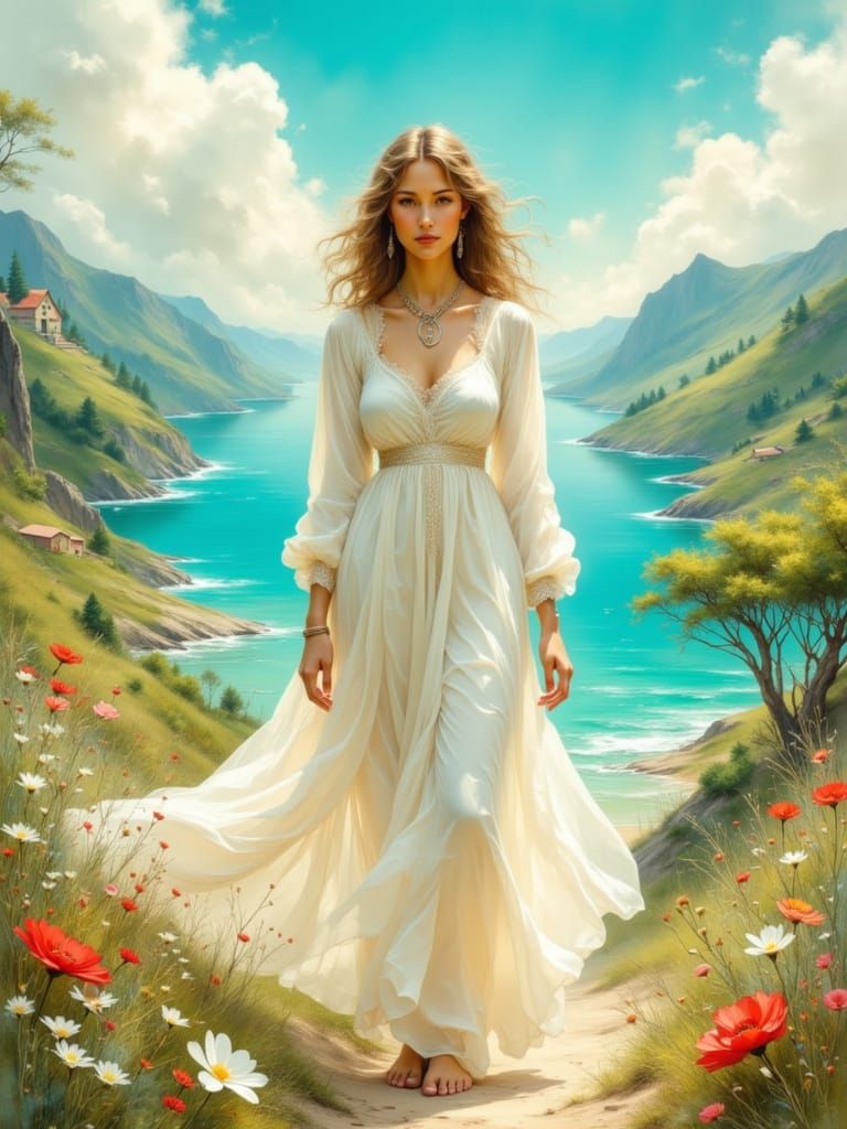 Hippy Woman in Dreamy Landscape as Surreal Art