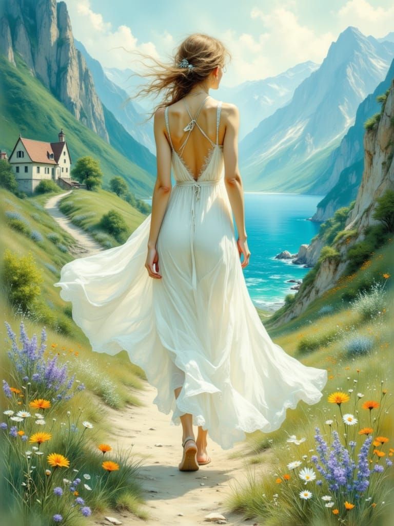 Dreamy Landscape with Serene Woman in Flowing Dress