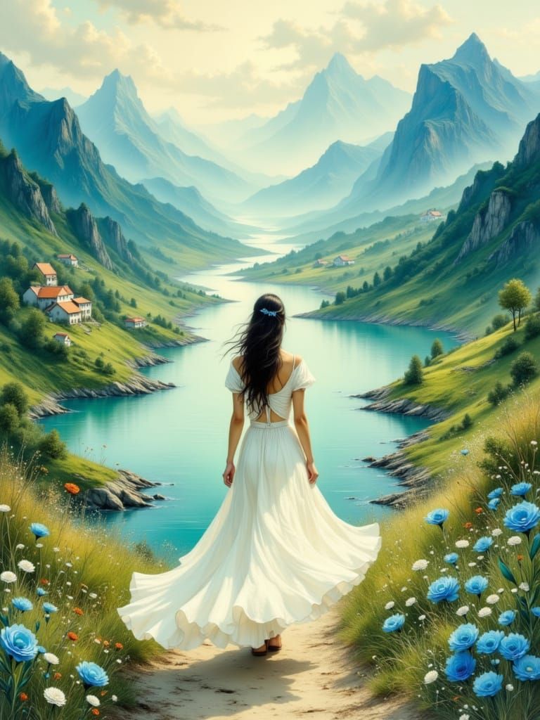 Ethereal Woman in Dreamy Landscape, Expressive Art Style