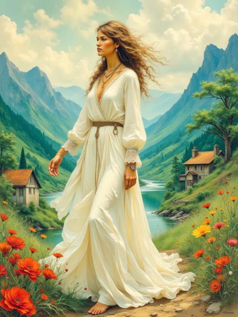 Serene Woman in Lush Landscape, Art Nouveau Style