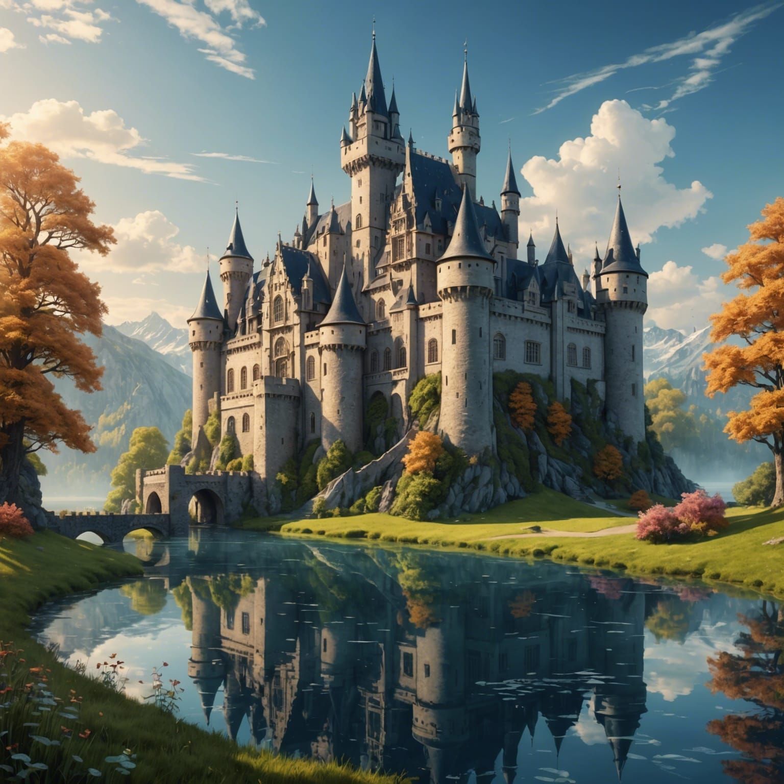 Detailed Ink Drawing of a Glassy Liquid Castle