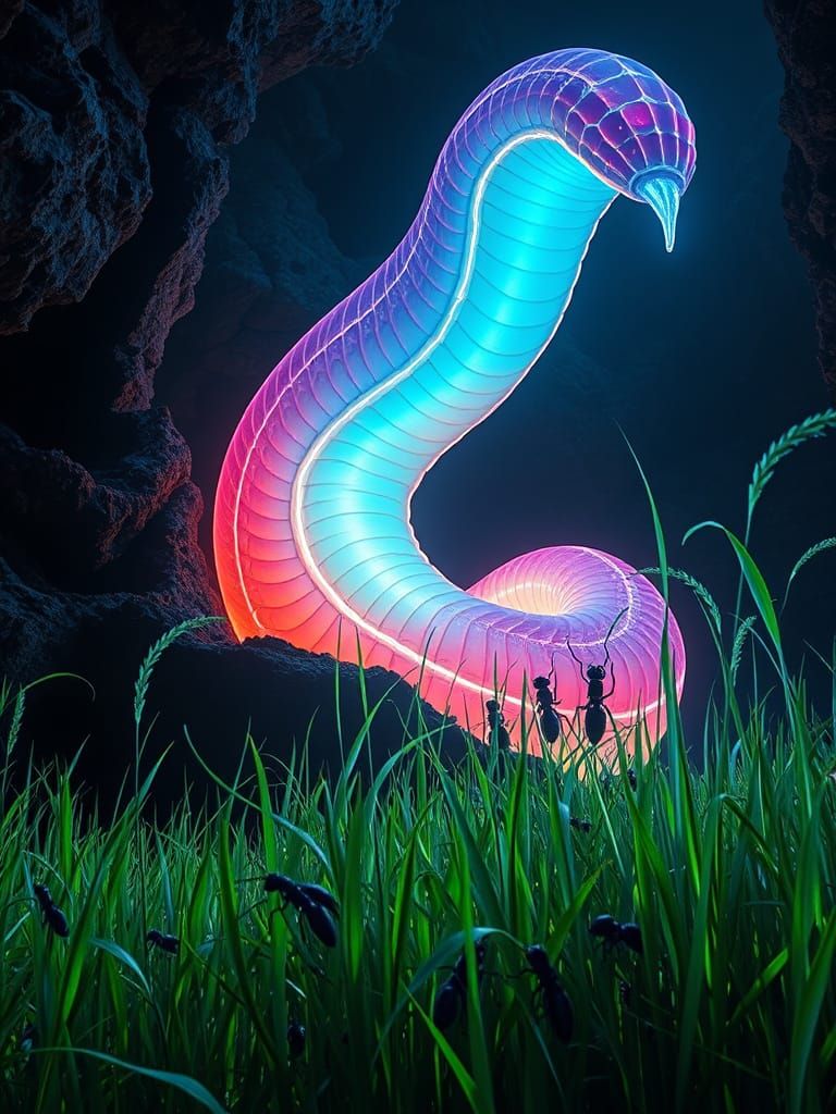 Bioluminescent Worm Emerges in Hyperrealistic Landscape