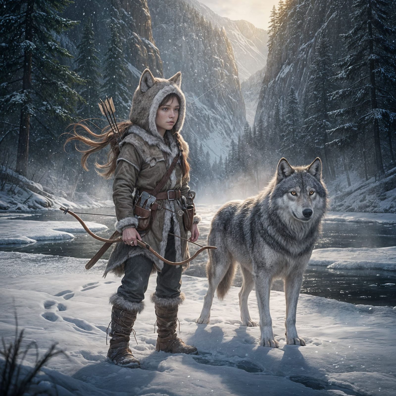 Girl and Wolf in Snowy River Valley