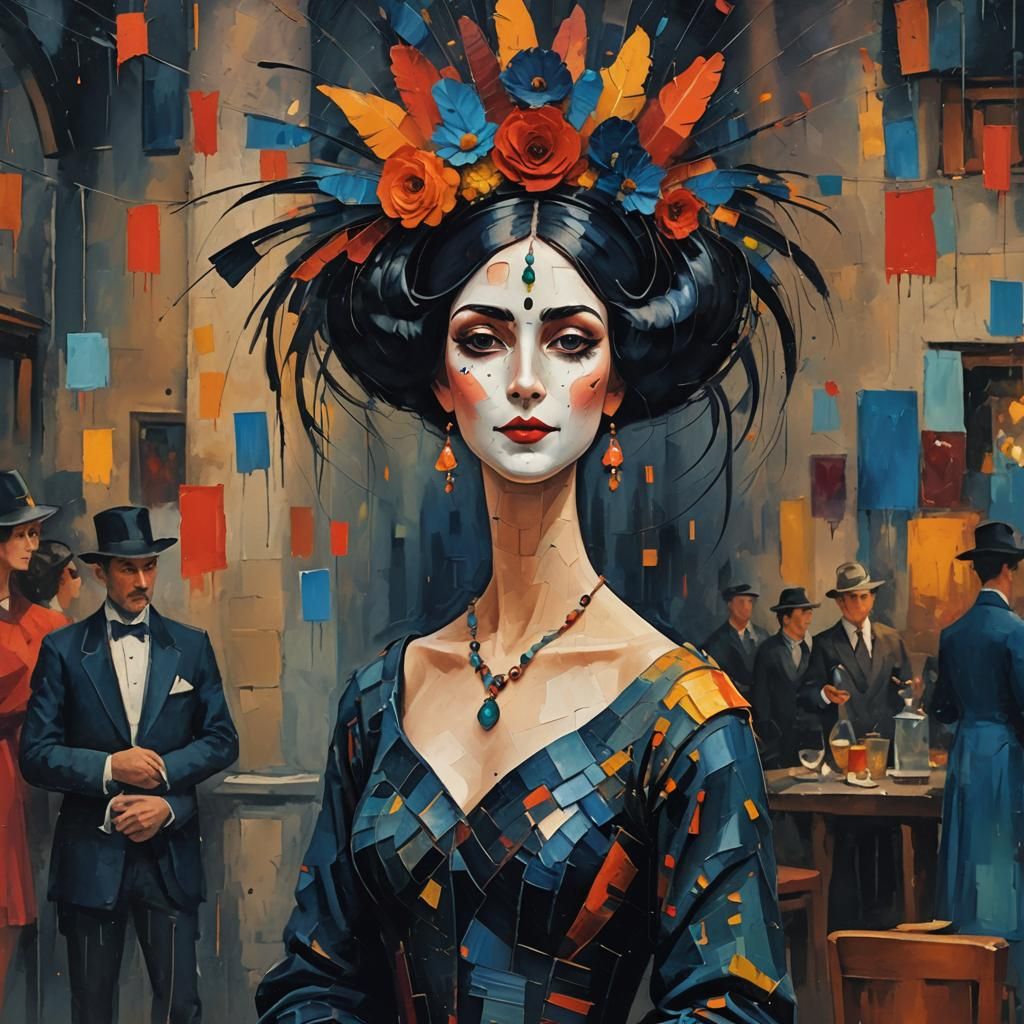 Masked Lady at Party in Modigliani Style