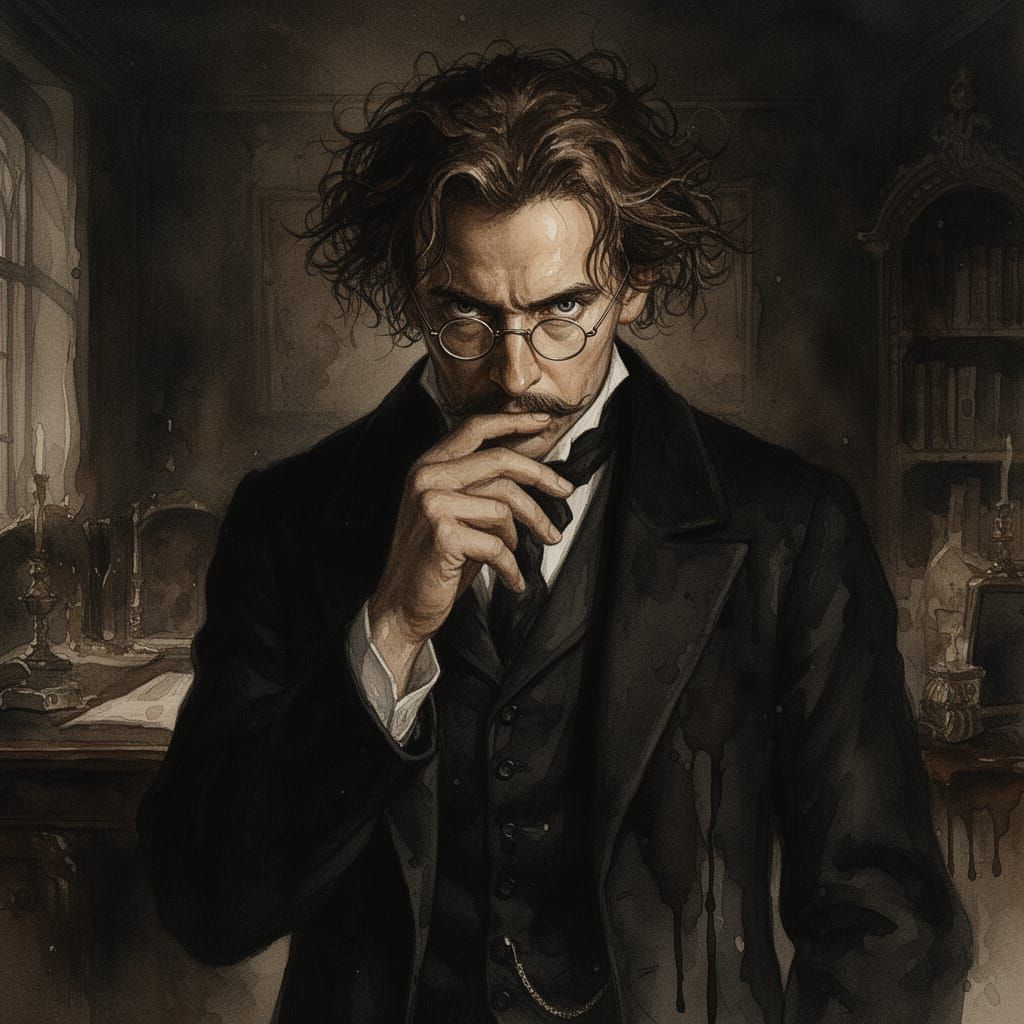 Melancholy Victorian Intellectual Portrait in Watercolor Sty...