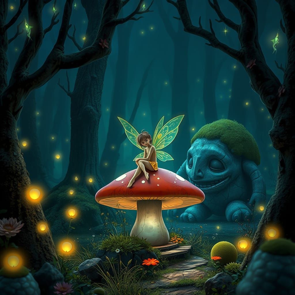Whimsical Mushroom House in an Enchanted Bioluminescent Fore...
