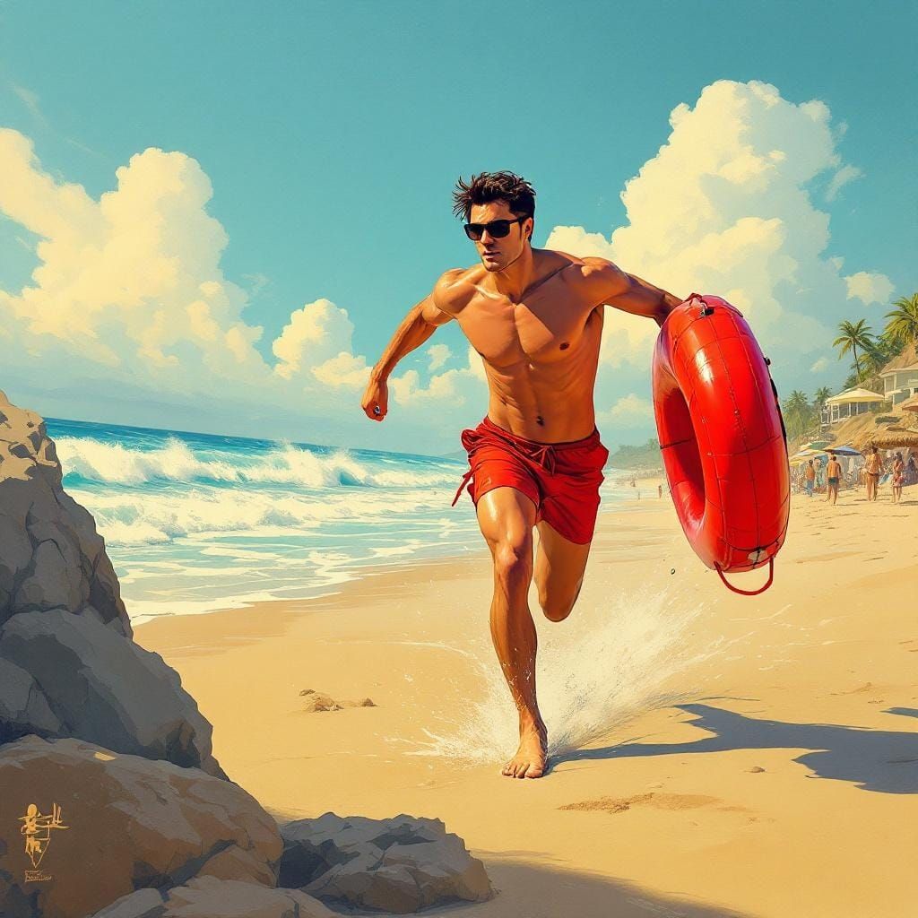 Lifeguard Runs on Beach in Stylized Realism