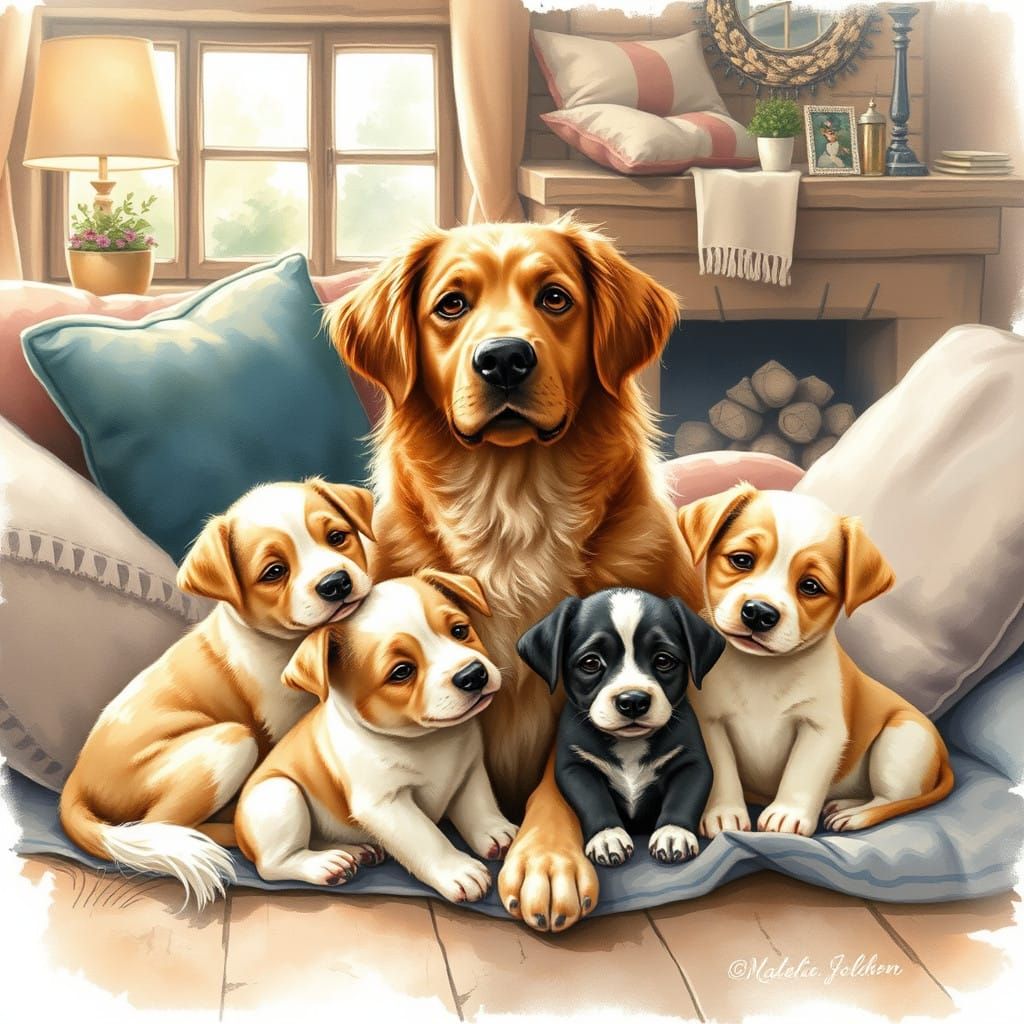 Cozy Dog Family Scene in Whimsical Watercolor Style