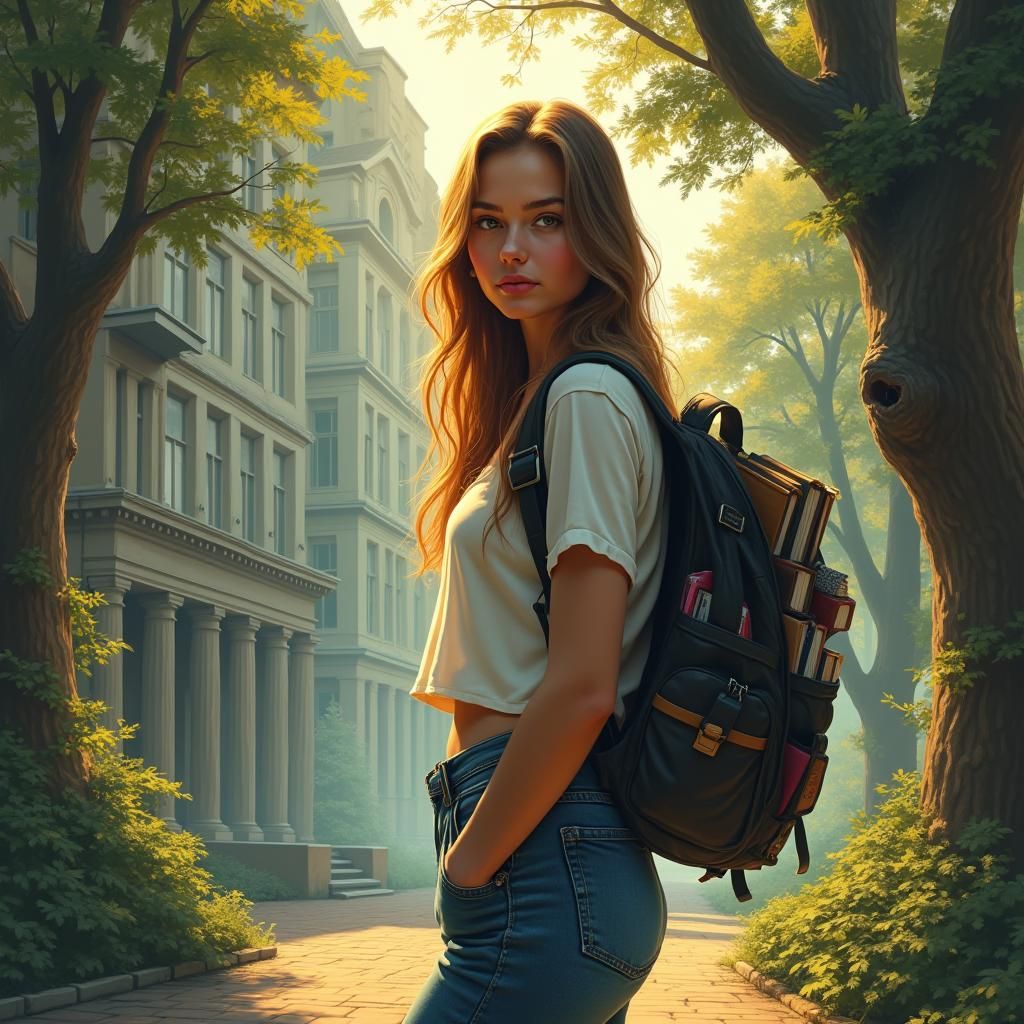 College Student on Campus in Matte Painting Style