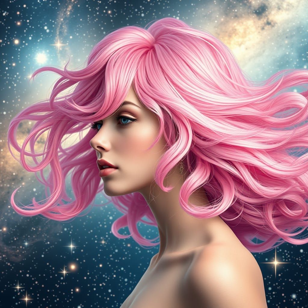 A Captivating Cosmic Goddess with Pink Ondulating Hair Float...