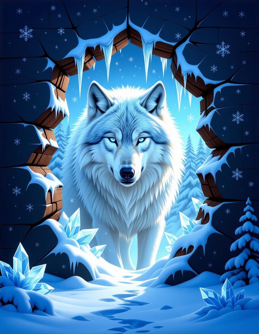 Winter Wolf Emerges From Frost-Covered Wall Painting