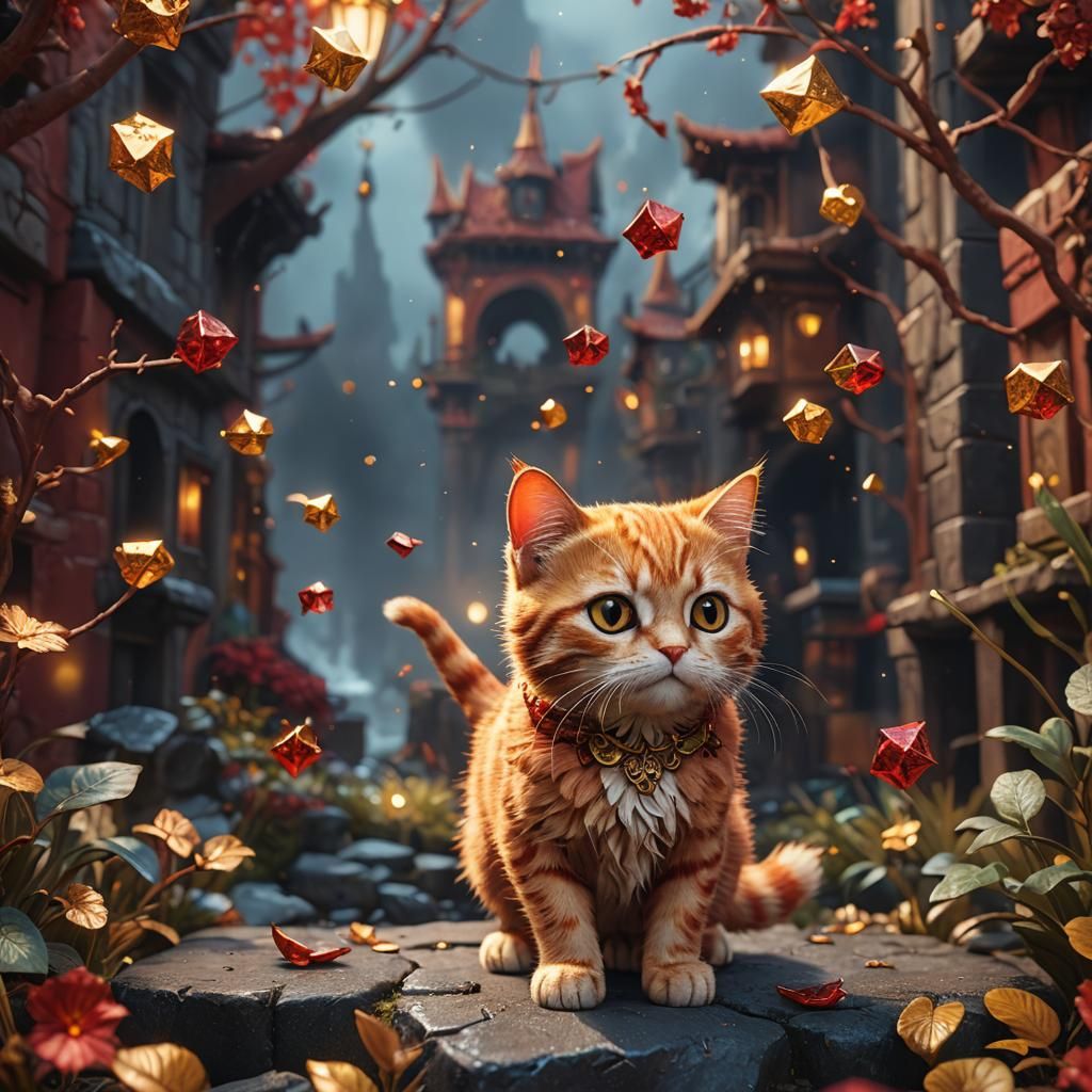 Miniature Red and Gold Cat in Detailed Digital Art