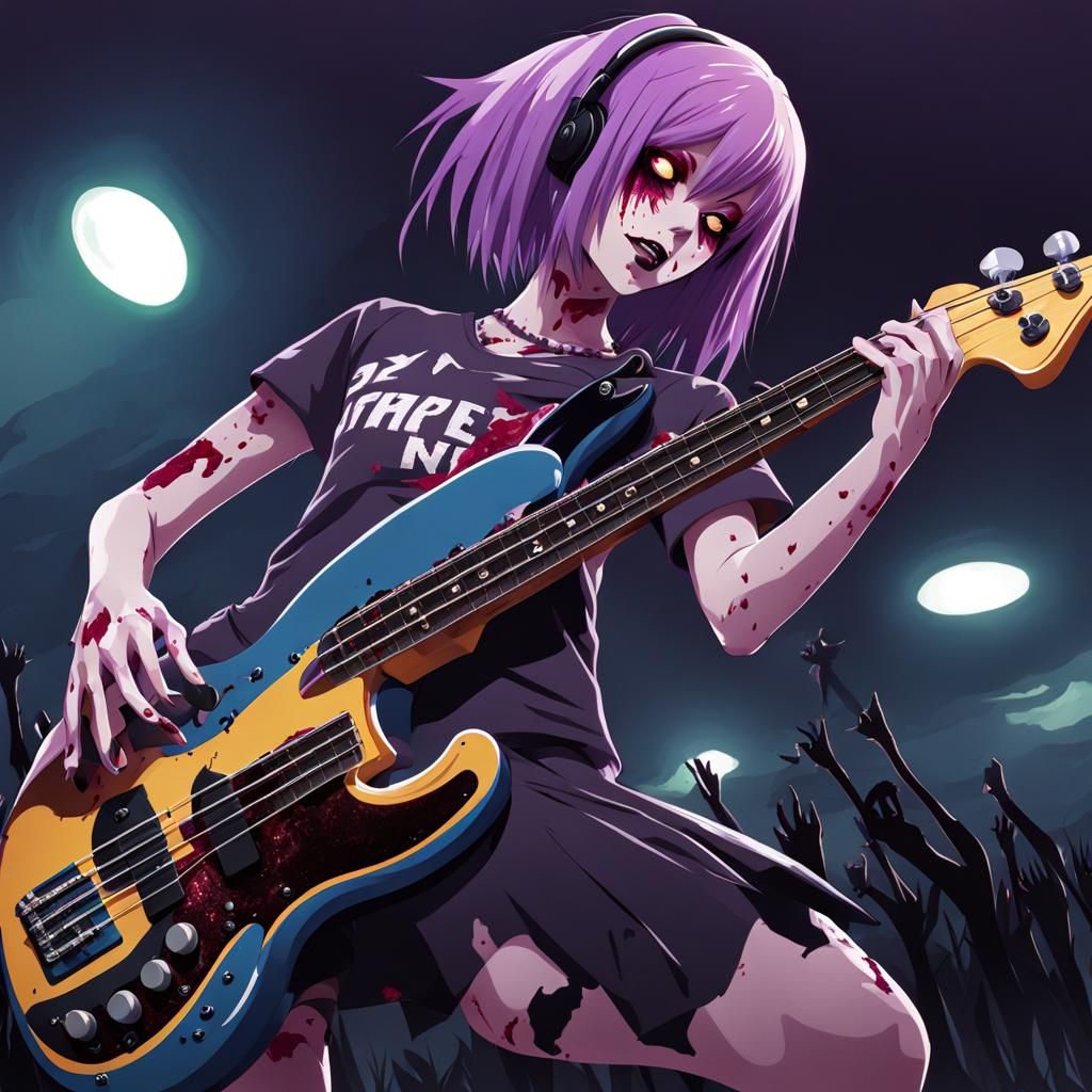 Purple-Haired Zombie Anime Girl Plays Bass