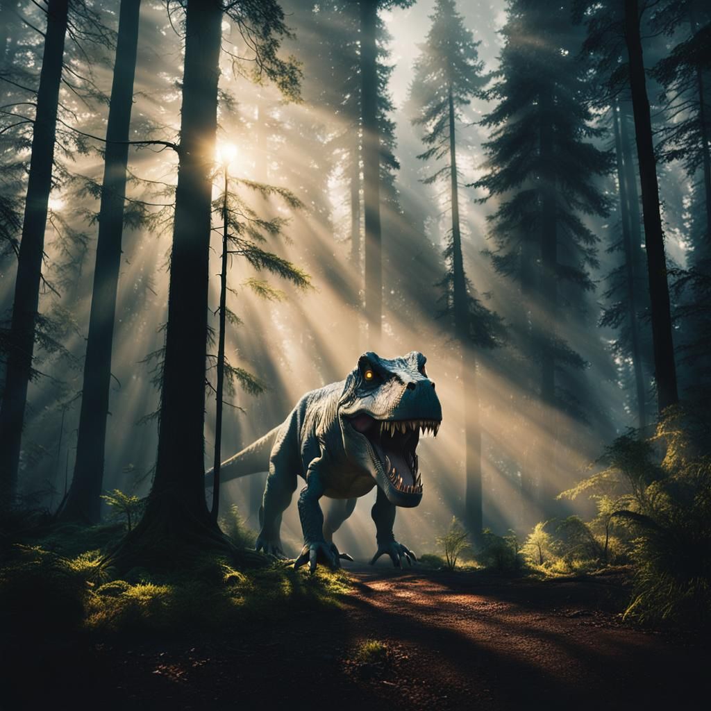 T-Rex Roar in Misty Forest: Cinematic Film Still