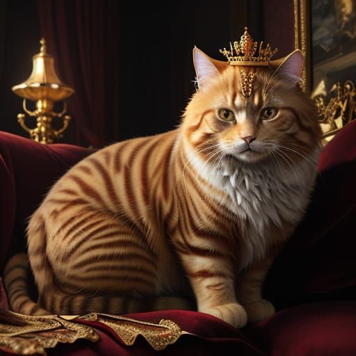 Royal Ginger Cat in Crown on Velvet Cushions