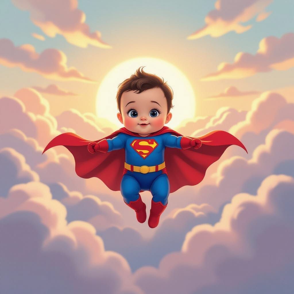 Baby Superhero Floating Amidst Dreamlike Pastel Clouds
