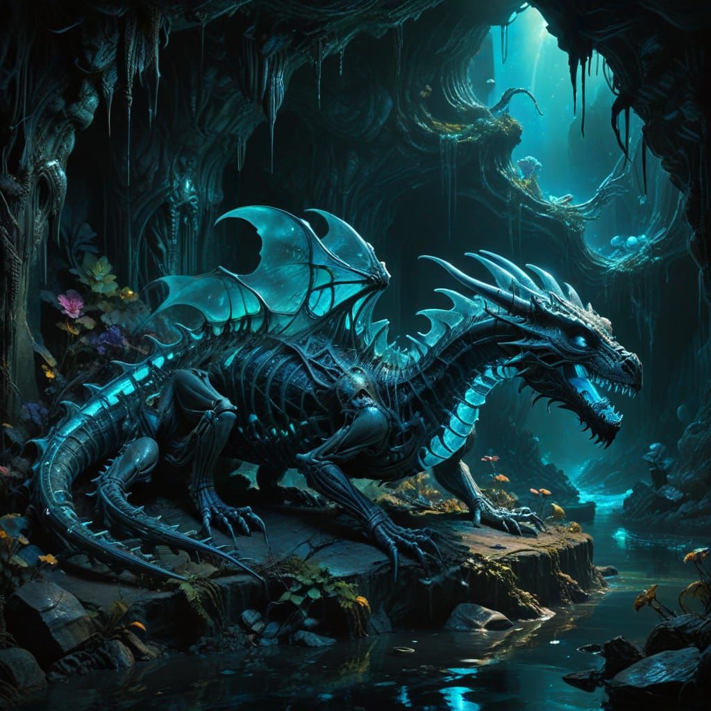 Bioluminescent Dragon Skeleton in Crystal Grotto