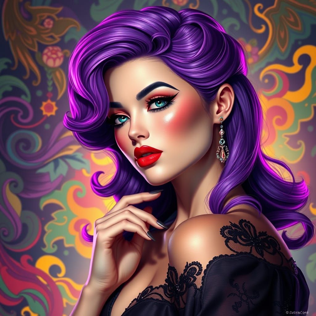 Beautiful Woman with Purple Hair in Digital Art Style