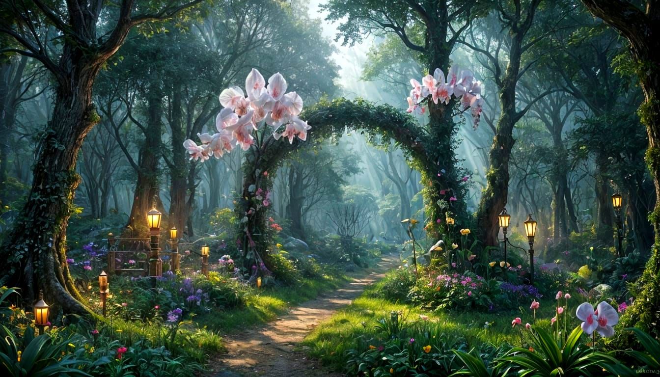 Whimsical Orchid Parade Float in Mystical Forest