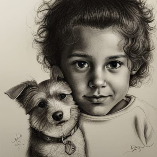 Detailed Black and White Drawing of Boy with Dog