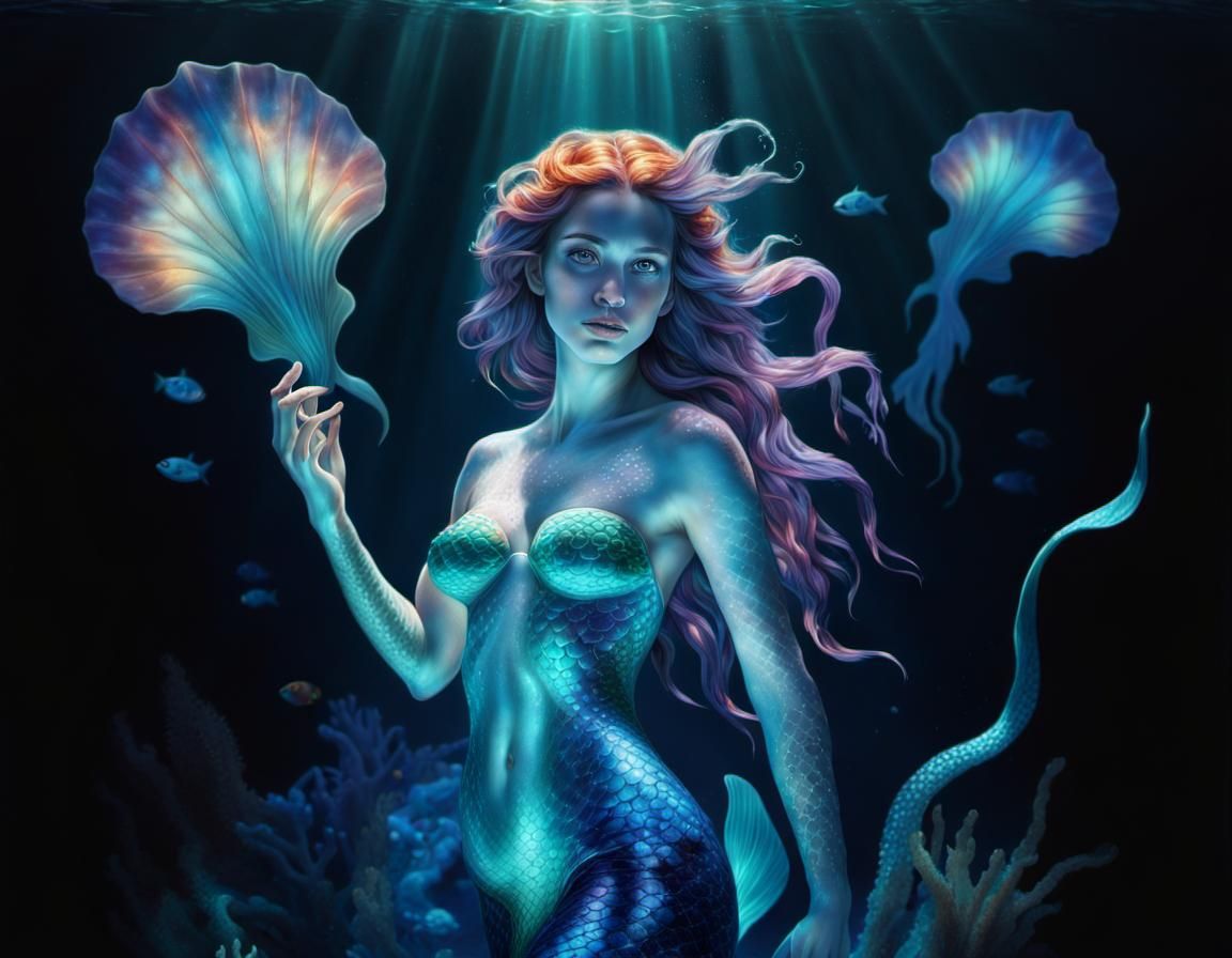 Bioluminescent Mermaid in Underwater Grotto Illustration