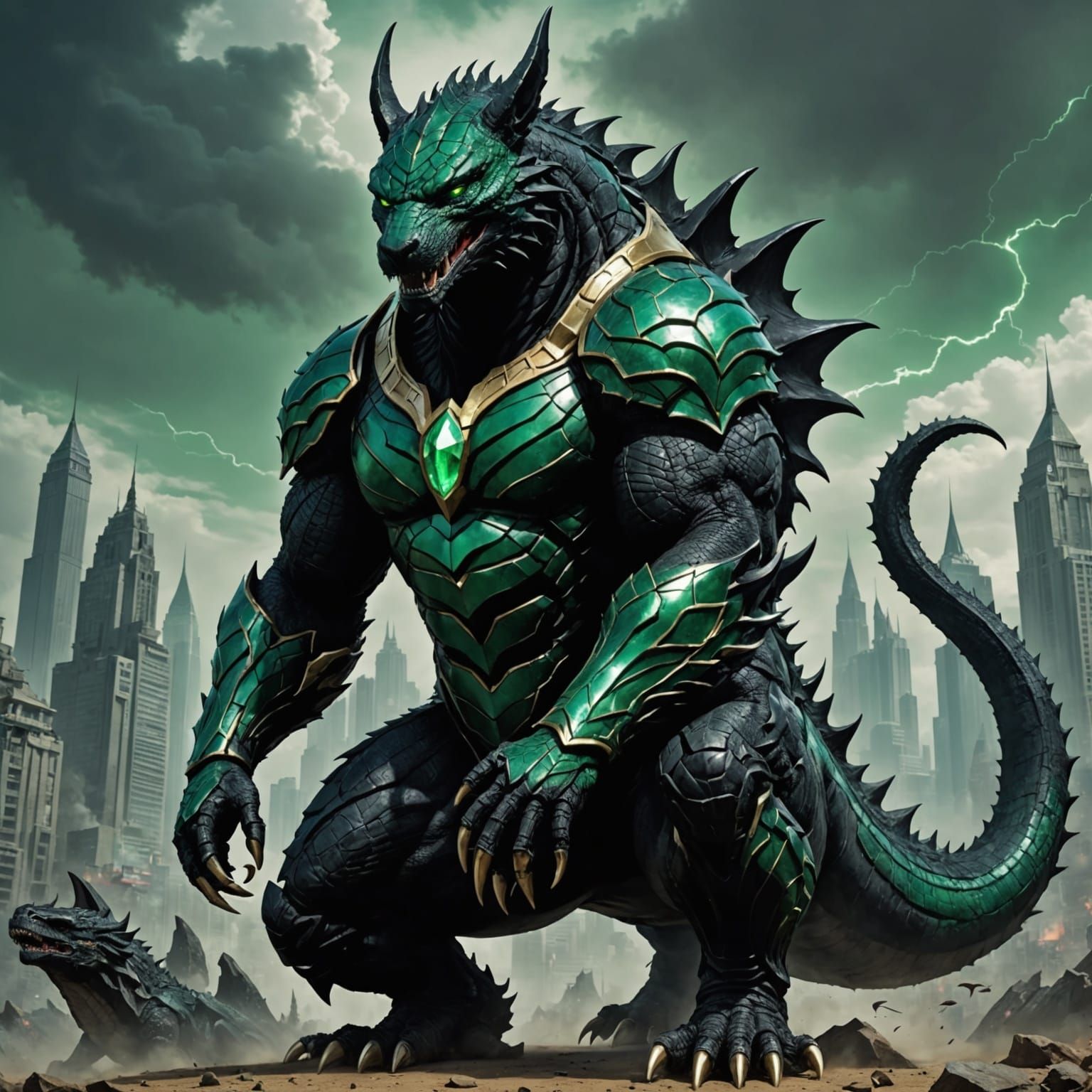 Emerald Hybrid Creature: Anubis, Godzilla, Dragon