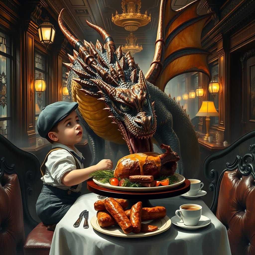 Young Boy and Majestic Dragon Enjoy Roast Dinner in Bustling...