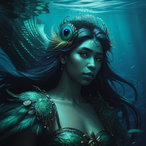 Peacock Mermaid Portrait in Moody Cinematic Lighting
