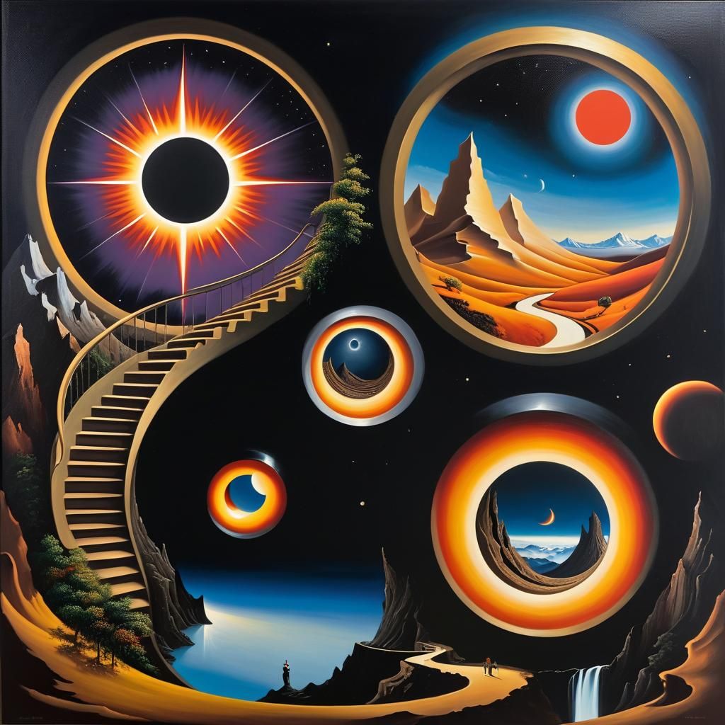 Surreal Mountains: Stairway to Fiery Portal Oil Painting