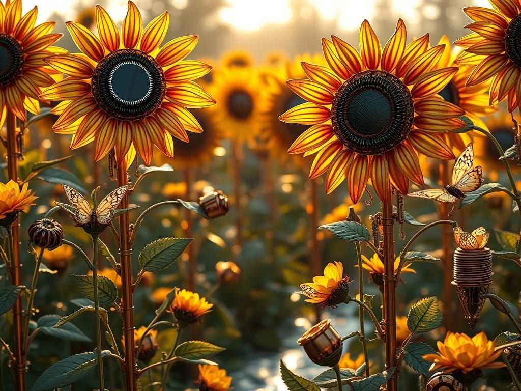 Mechanical Garden Blooms with Brass Sunflowers and Copper Ro...