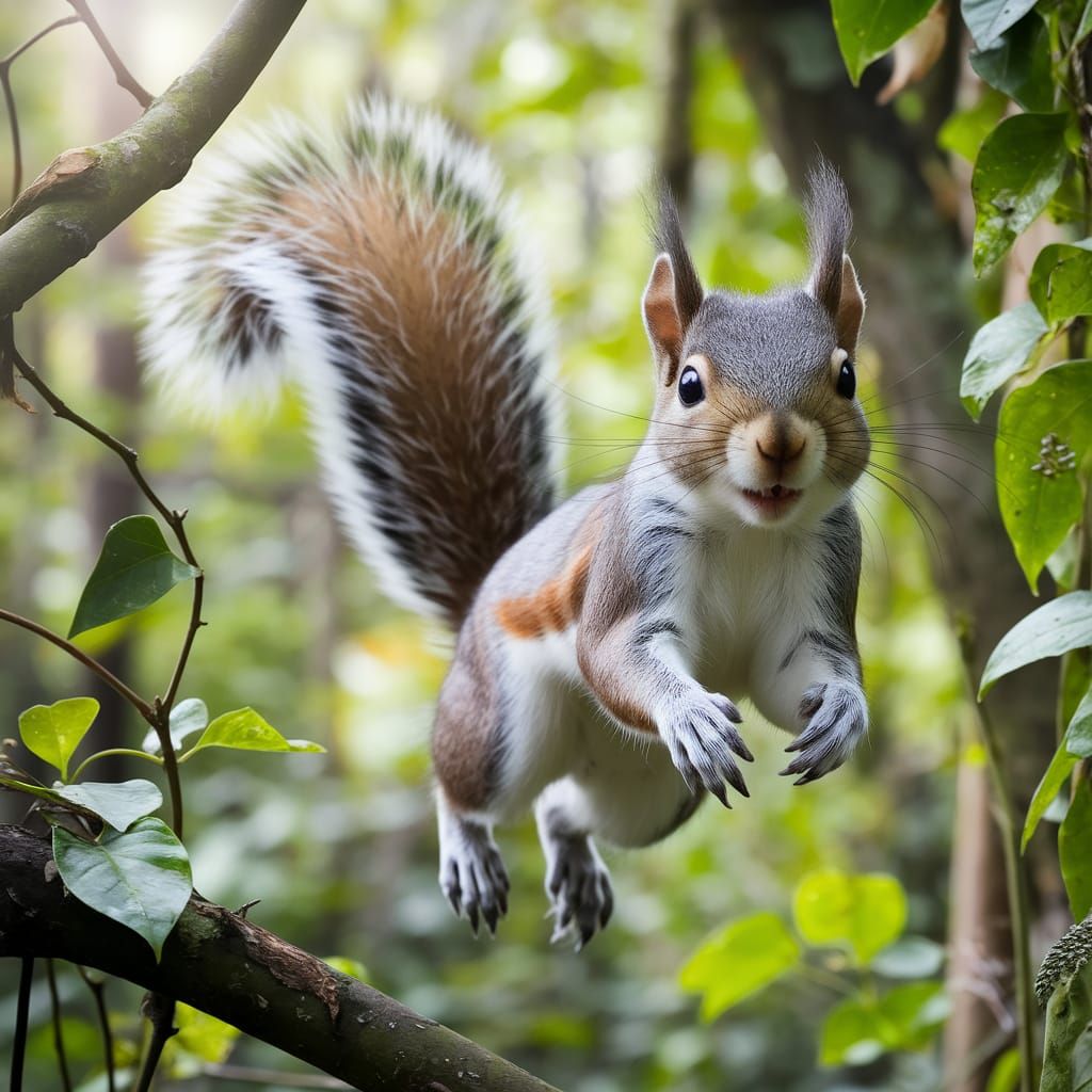 Squirrel Leaps Through Rainforest Canopy in Vibrant Jungle S...