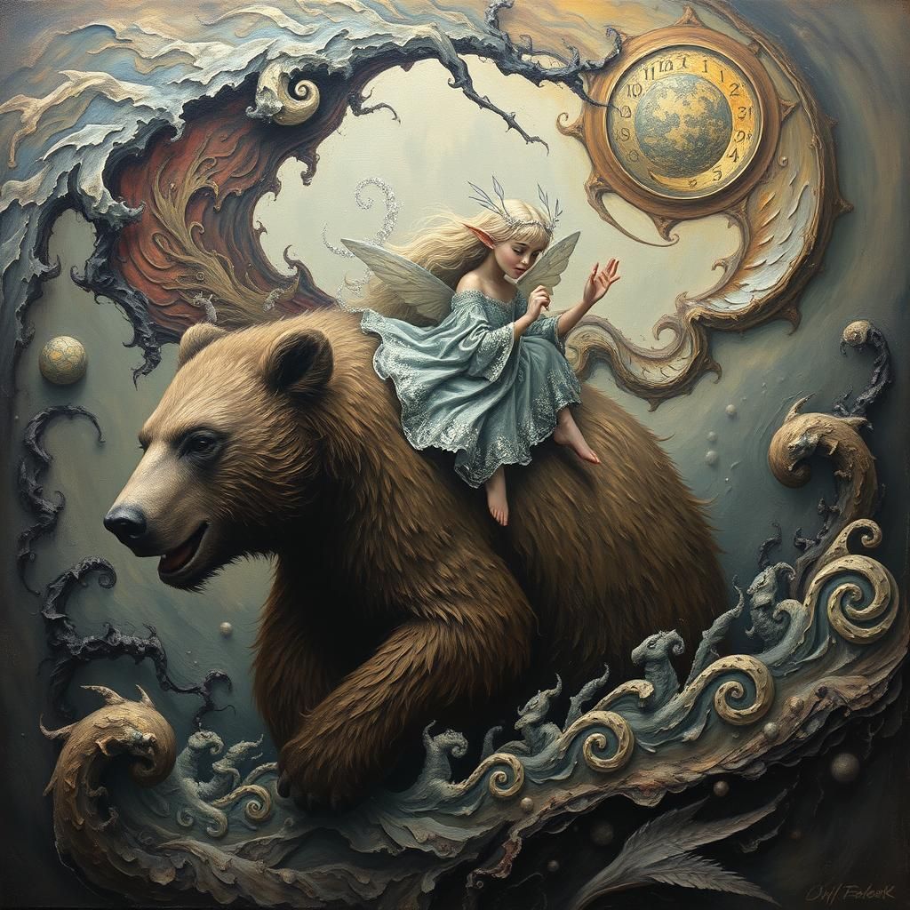 Fairy Elf Rides Bear in Surreal Impasto Art Deco Style