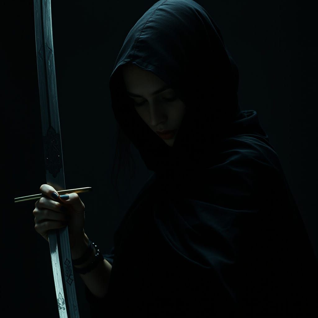 A woman in darkness with a two-bladed sword
