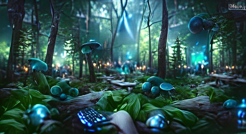 Glowing Lights in Moonlit Mushroom Forest