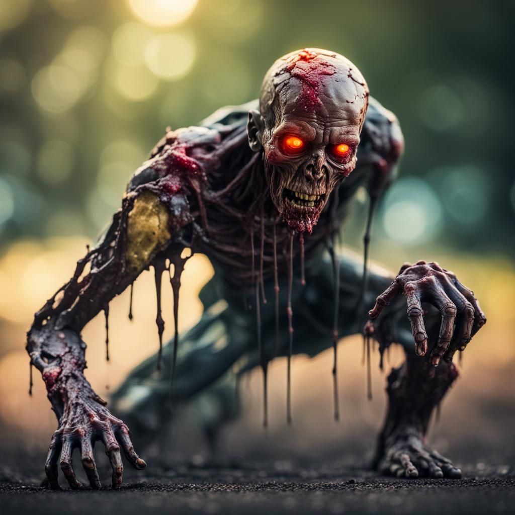 Infected humanoid. skin is melting off, lurched over and struggling to walk. skin that remains is oozing