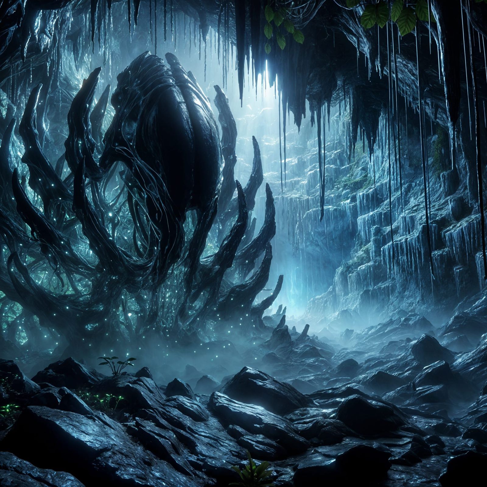 Menacing Alien Creature Lurks in Bioluminescent Cave