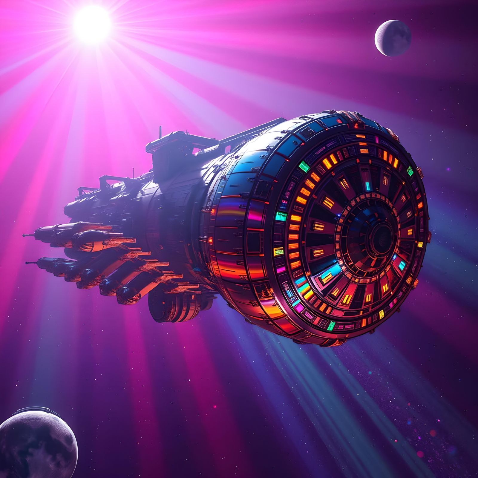 Colossal Space Station Amidst Stars and Planets