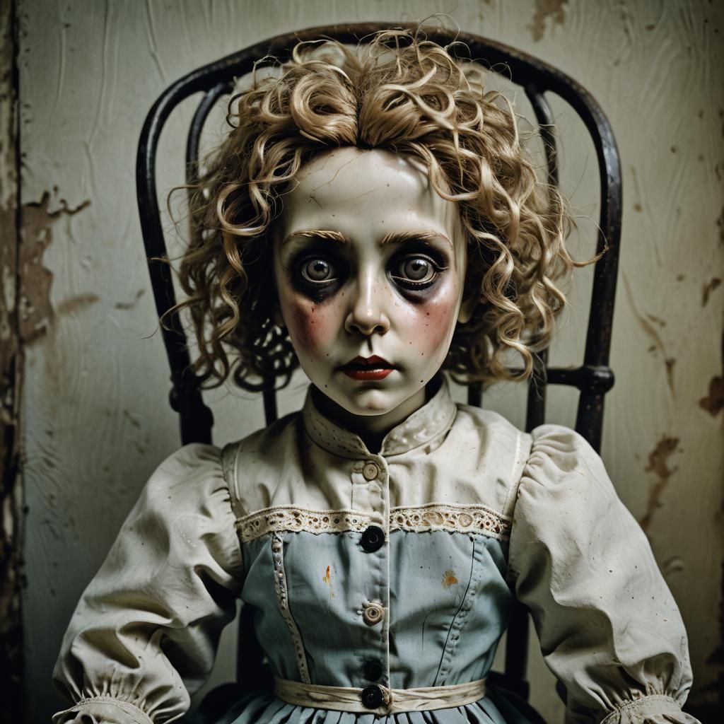 Eerie Porcelain Doll Portrait in Dark Surrealist Style