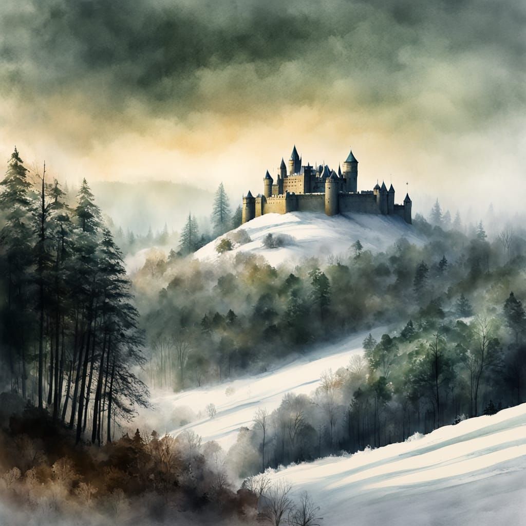 Winter Castle Watercolour Painting on Snowy Hill